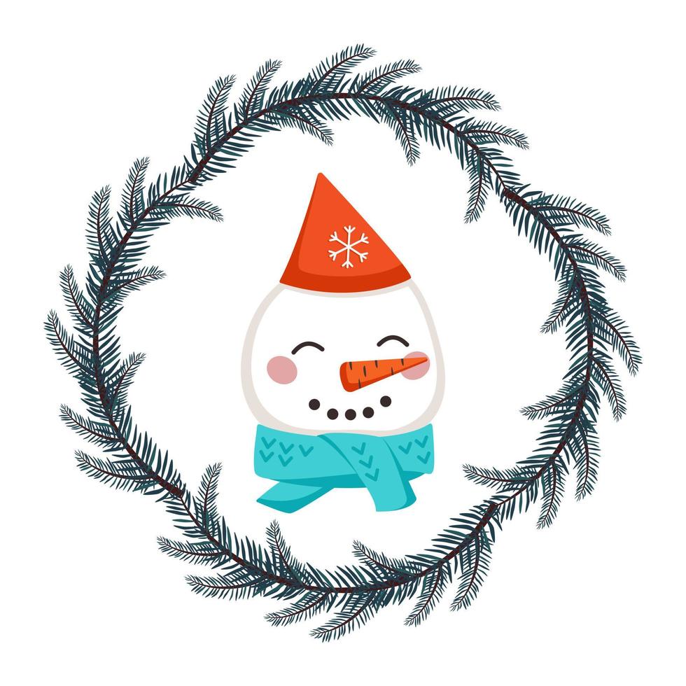 Cute snowman in cap and scarf in childish style with frame from festive Christmas wreath. Funny character with happy face. Vector flat illustration for holiday and new year