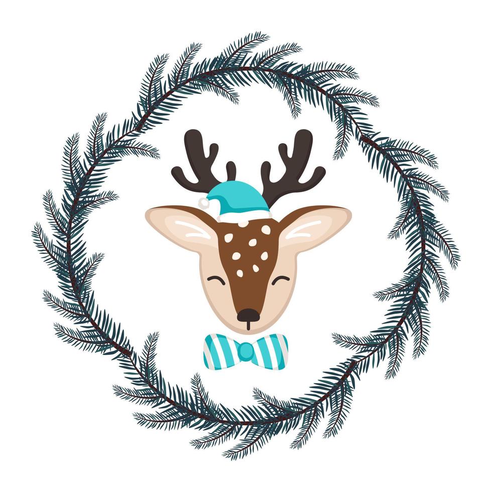 Cute deer in childish style with decorations for the New Year and Christmas in frame of fir branches. Festive funny animal with bow and hat. Vector flat illustration