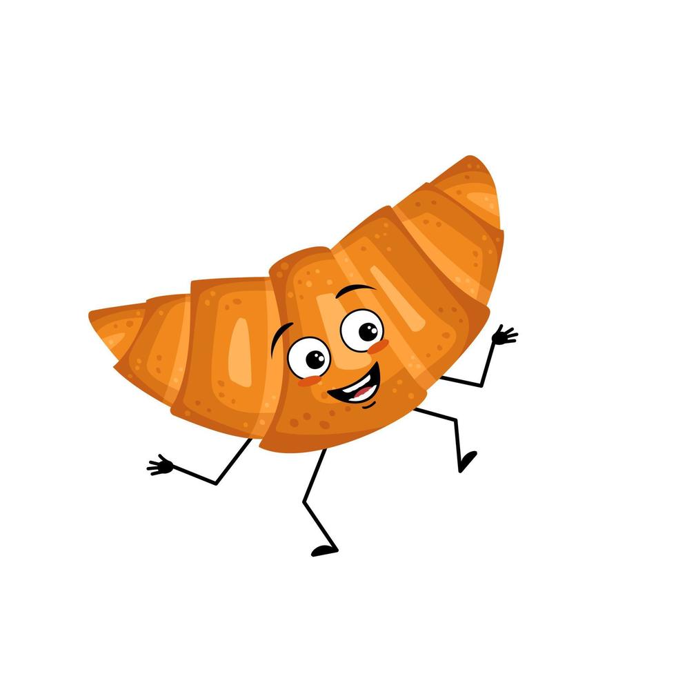 Cute croissant character with happy emotions, face, smile eyes, arms and legs. Cheerful baking person, bun with joyful expression. Vector flat illustration