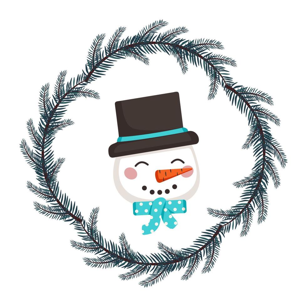 Cute snowman in hat and scarf in childish style with frame from festive Christmas wreath. Funny character with happy face. Vector flat illustration for holiday and new year