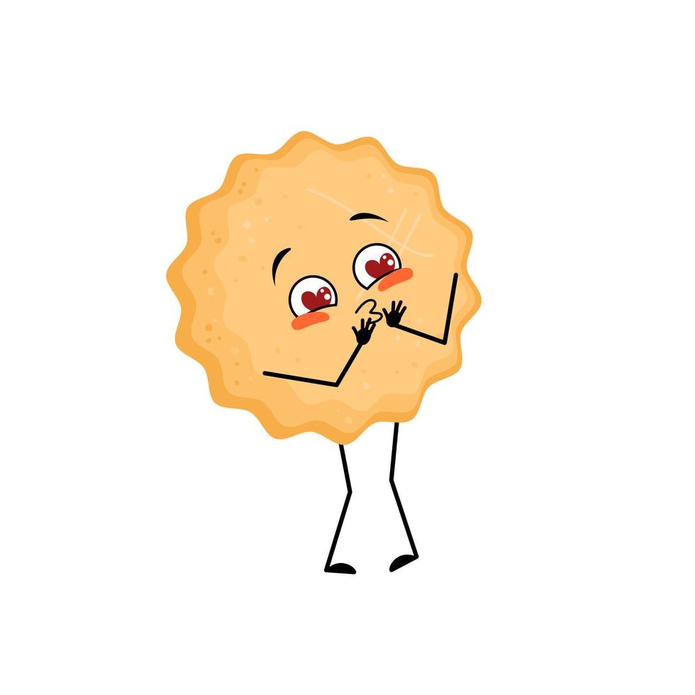 Cute milk cookie character with love emotions, smile face, arms and legs. Cheerful baking person, biscuit with joyful expression. Vector flat illustration