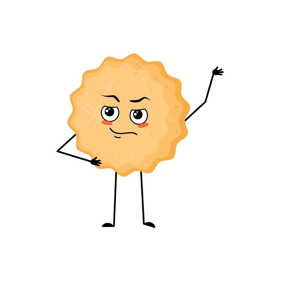 Cute milk cookie character with emotions of hero, brave face, arms and legs. Cheerful baking person, biscuit with courage expression. Vector flat illustration