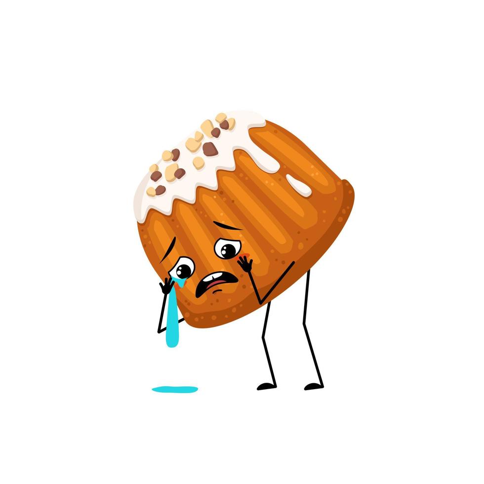 Cute glazed muffin with nut sprinkles character with crying and tears emotion, sad face, depressive eyes, arms and legs. Baking person, bun with melancholy expression. Vector flat illustration