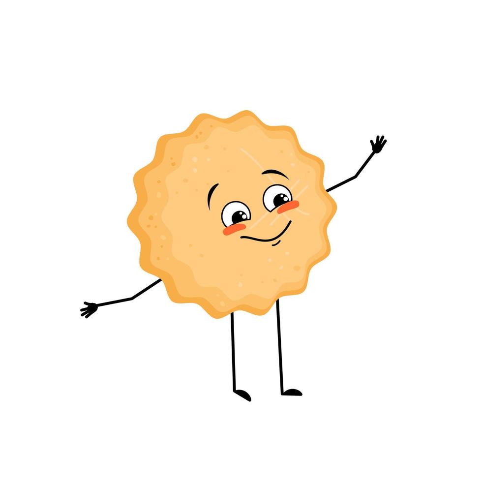Cute milk cookie character with happy emotions, face, smile eyes, arms and legs. Cheerful baking person, biscuit with joyful expression. Vector flat illustration