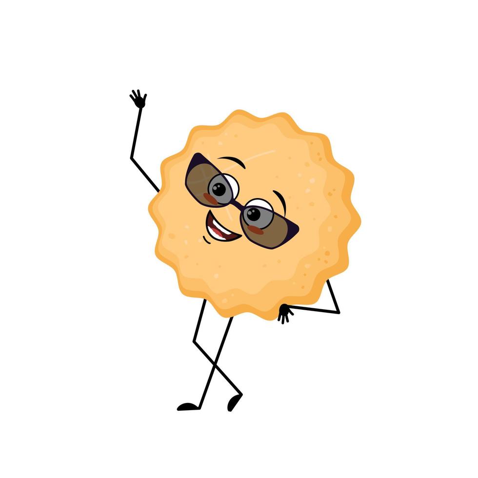 Cute milk cookie character with happy emotions, face, smile eyes, arms and legs. Cheerful baking person, biscuit with joyful expression. Vector flat illustration
