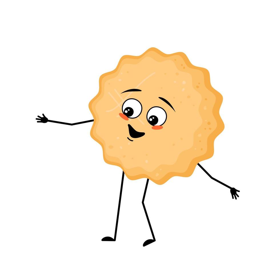 Cute milk cookie character with happy emotions, face, smile eyes, arms and legs. Cheerful baking person, biscuit with joyful expression. Vector flat illustration