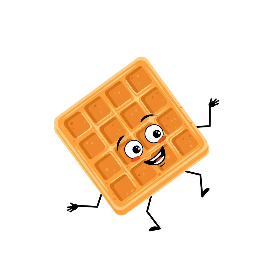 Cute character belgian waffle with happy emotions, face, smile, eyes, arms and legs. Cheerful baking person, dessert with joyful expression. Vector flat illustration