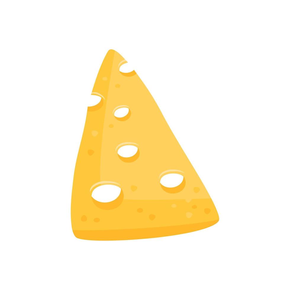 Yellow triangular piece of cheese with large holes. Breakfast food or sliced snack. Vector flat illustration