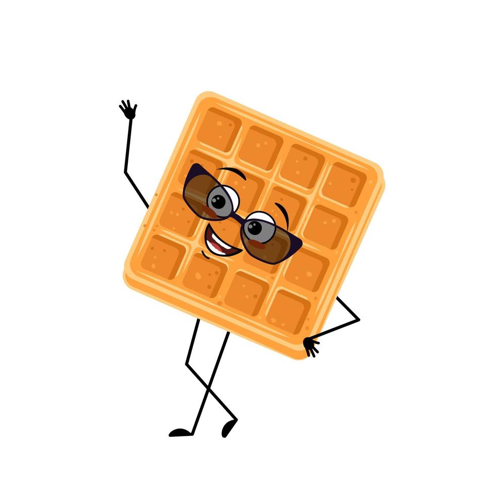 Cute character belgian waffle with happy emotions, face, smile, eyes, arms and legs. Cheerful baking person, dessert with joyful expression. Vector flat illustration
