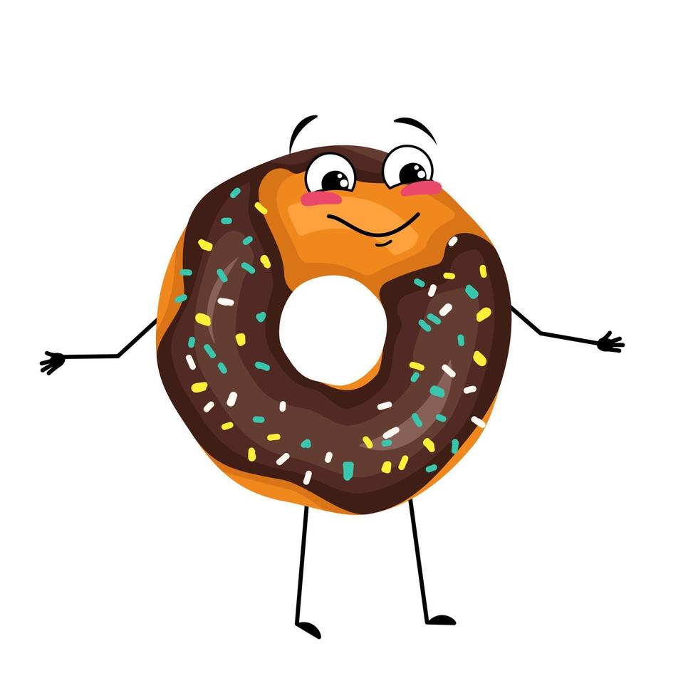 Cute glazed donut character with happy emotions, face, smile, eyes, arms and legs. Cheerful man baking dessert with a joyful expression on his face. Vector flat illustration