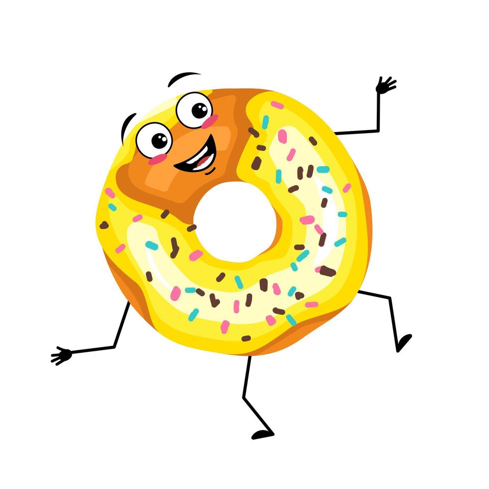 Cute glazed donut character with happy emotions, face, smile, eyes, arms and legs. Cheerful man baking dessert with a joyful expression on his face. Vector flat illustration