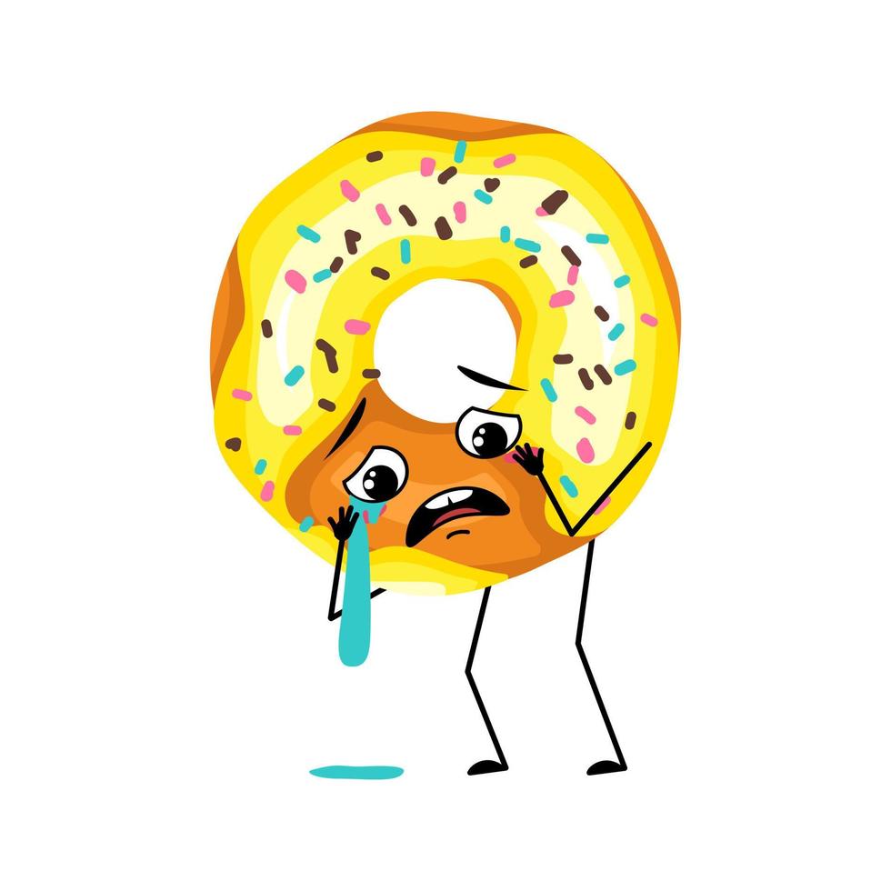 Cute glazed donut character with crying and tears emotion, sad face, depressive eyes, arms and legs. Baking dessert with melancholy expression. Vector flat illustration