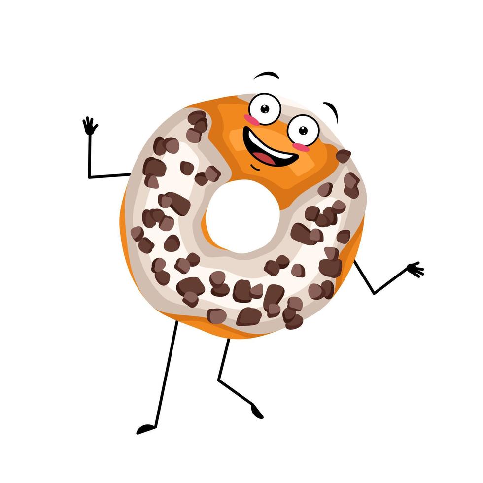 Cute glazed donut character with happy emotions, face, smile, eyes, arms and legs. Cheerful man baking dessert with a joyful expression on his face. Vector flat illustration