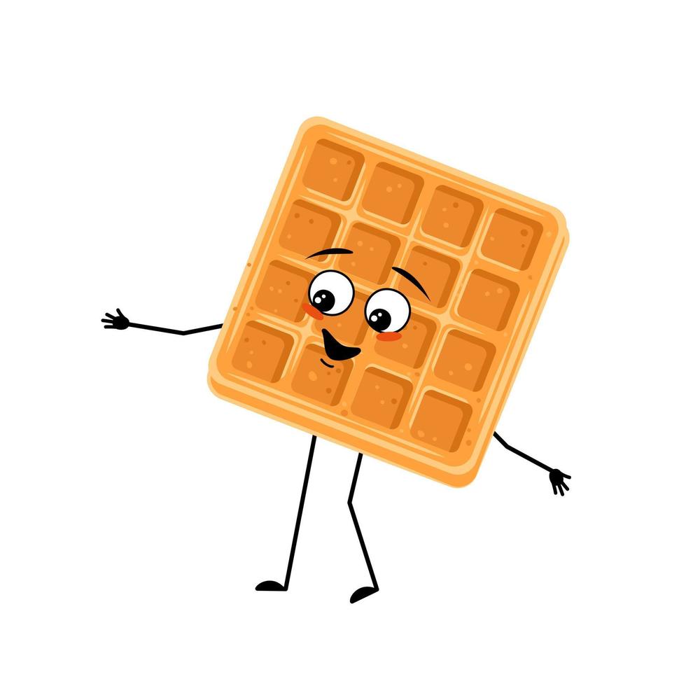 Cute character belgian waffle with happy emotions, face, smile, eyes, arms and legs. Cheerful baking person, dessert with joyful expression. Vector flat illustration