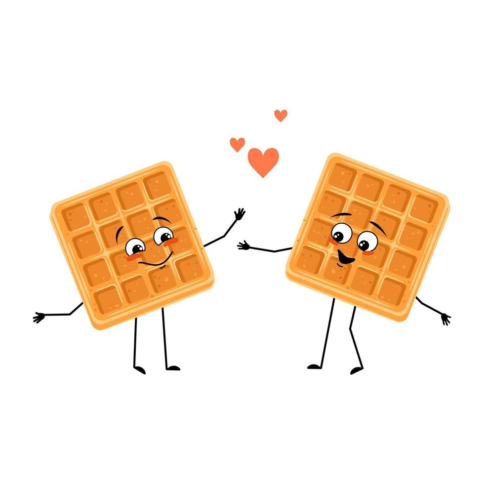 Cute character belgian waffle with love emotions, smile face, arms and legs. Cheerful baking person, dessert with loving expression. Vector flat illustration