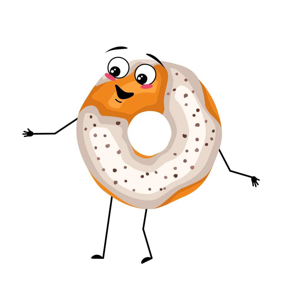 lindo personaje de donut glaseado con emociones felices, cara, sonrisa, ojos, brazos y piernas. hombre alegre para hornear postre con una expresión alegre en su rostro. vector ilustración plana