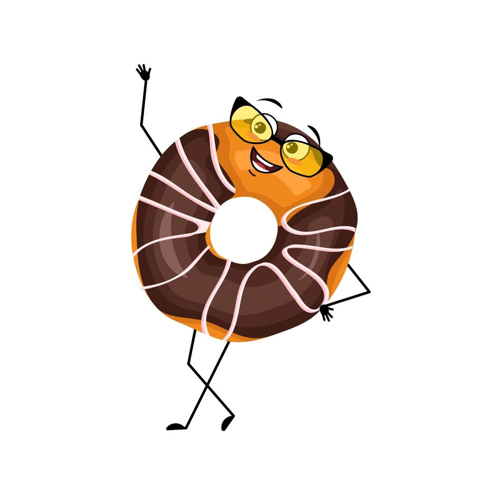 Cute glazed donut character with happy emotions, face, smile, eyes, arms and legs. Cheerful man baking dessert with a joyful expression on his face. Vector flat illustration