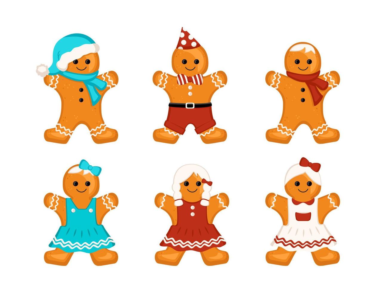 Gingerbread man and woman cookies, decoration for the new year and Christmas and holidays. Biscuits in Santa hat, dress, with glaze pattern and cheerful face. Vector flat illustration