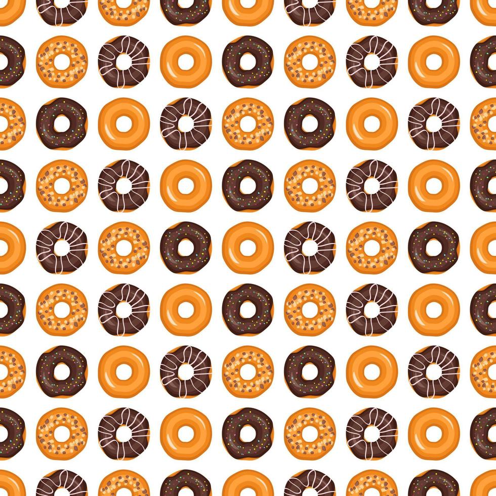 Seamless pattern from glazed donuts. Print from sweet pastries for birthday, holiday and party. Vector flat illustration of dessert and food