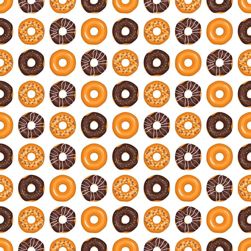 Seamless pattern from glazed donuts. Print from sweet pastries for birthday, holiday and party. Vector flat illustration of dessert and food