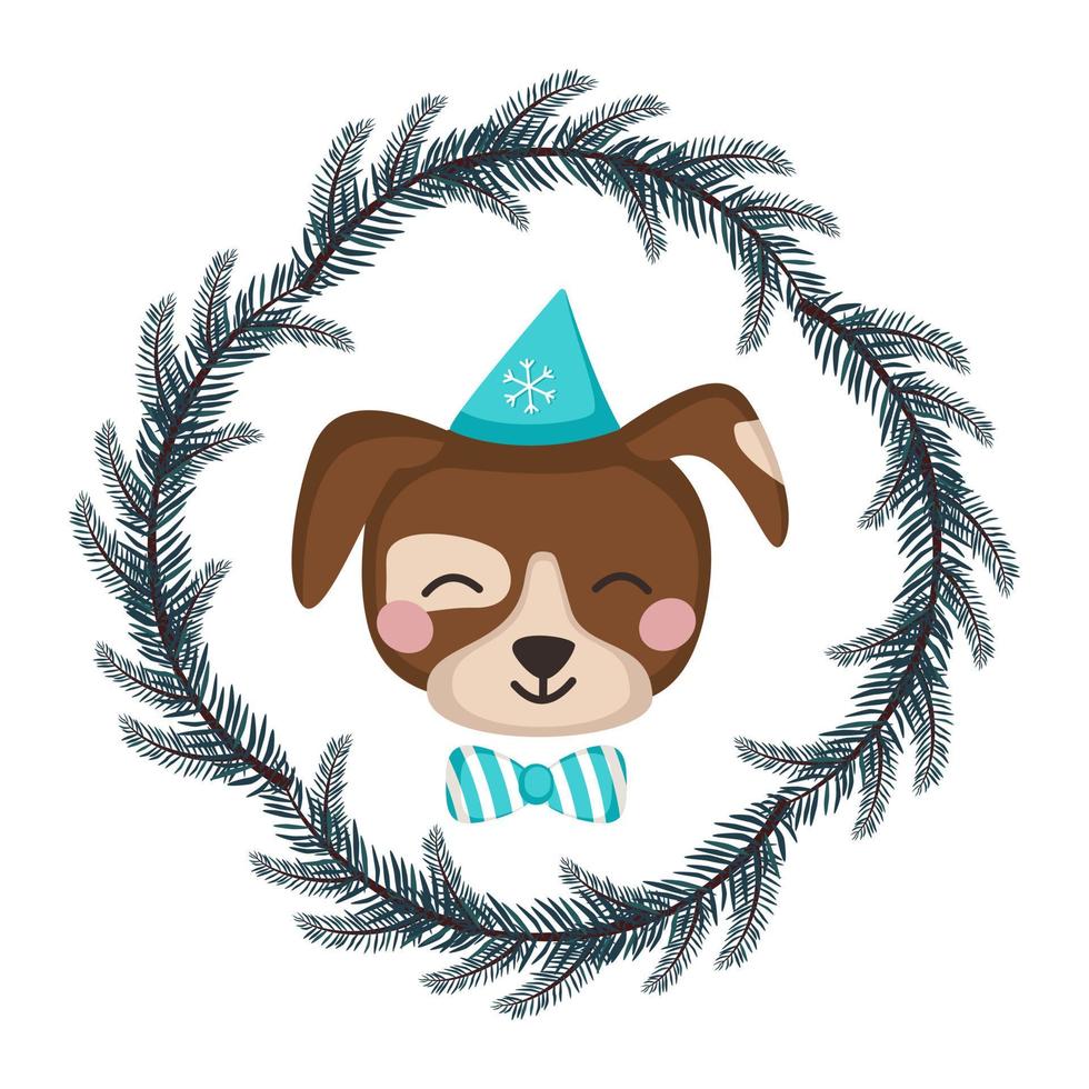 lindo perro o cachorro con gorra y lazo en estilo infantil con marco de corona navideña festiva. animal divertido o mascota con cara feliz. vector ilustración plana para vacaciones y año nuevo