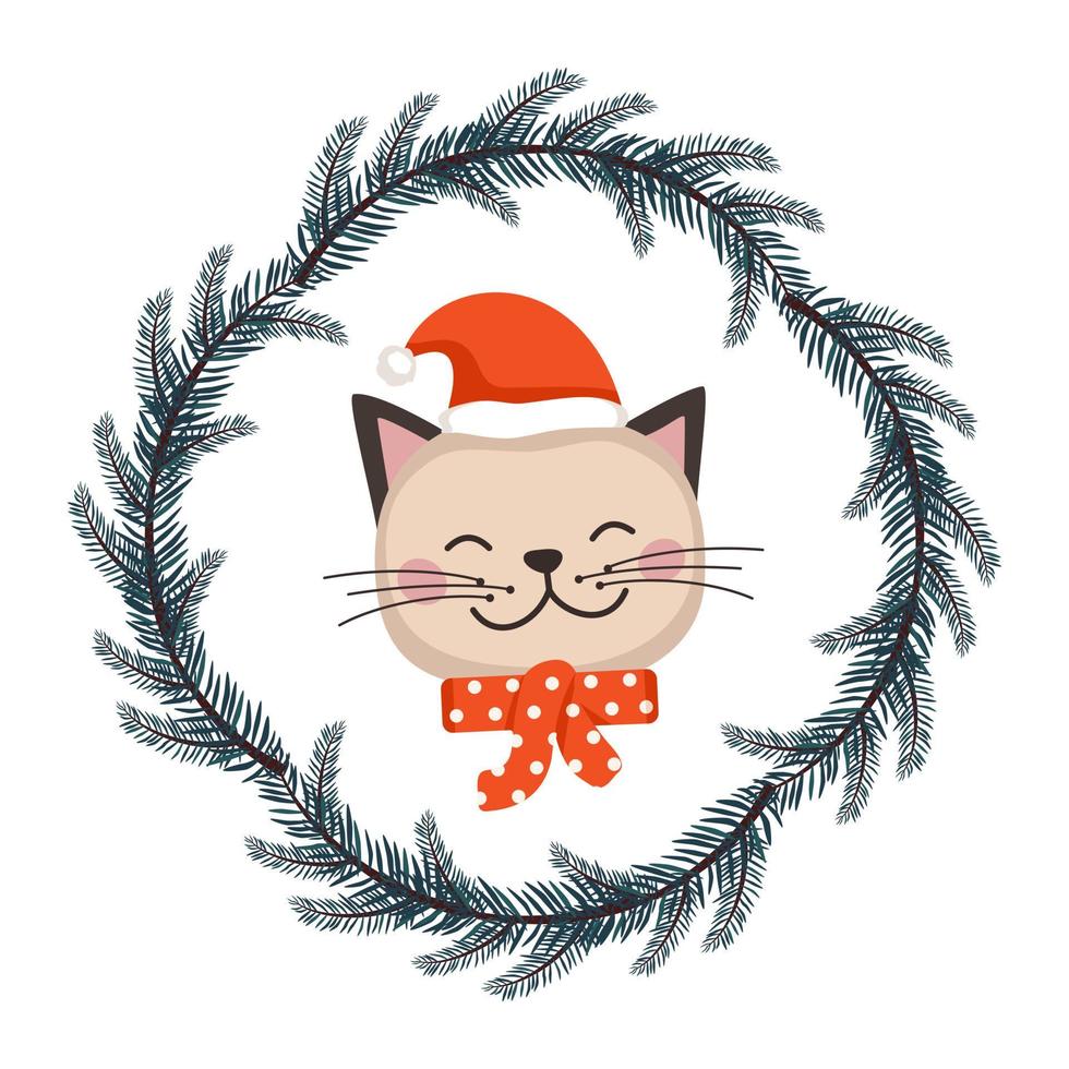 Cute cat or kitten in Santa hat and bow in childish style with frame from festive Christmas wreath. Funny animal with happy face. Vector flat illustration for holiday and new year