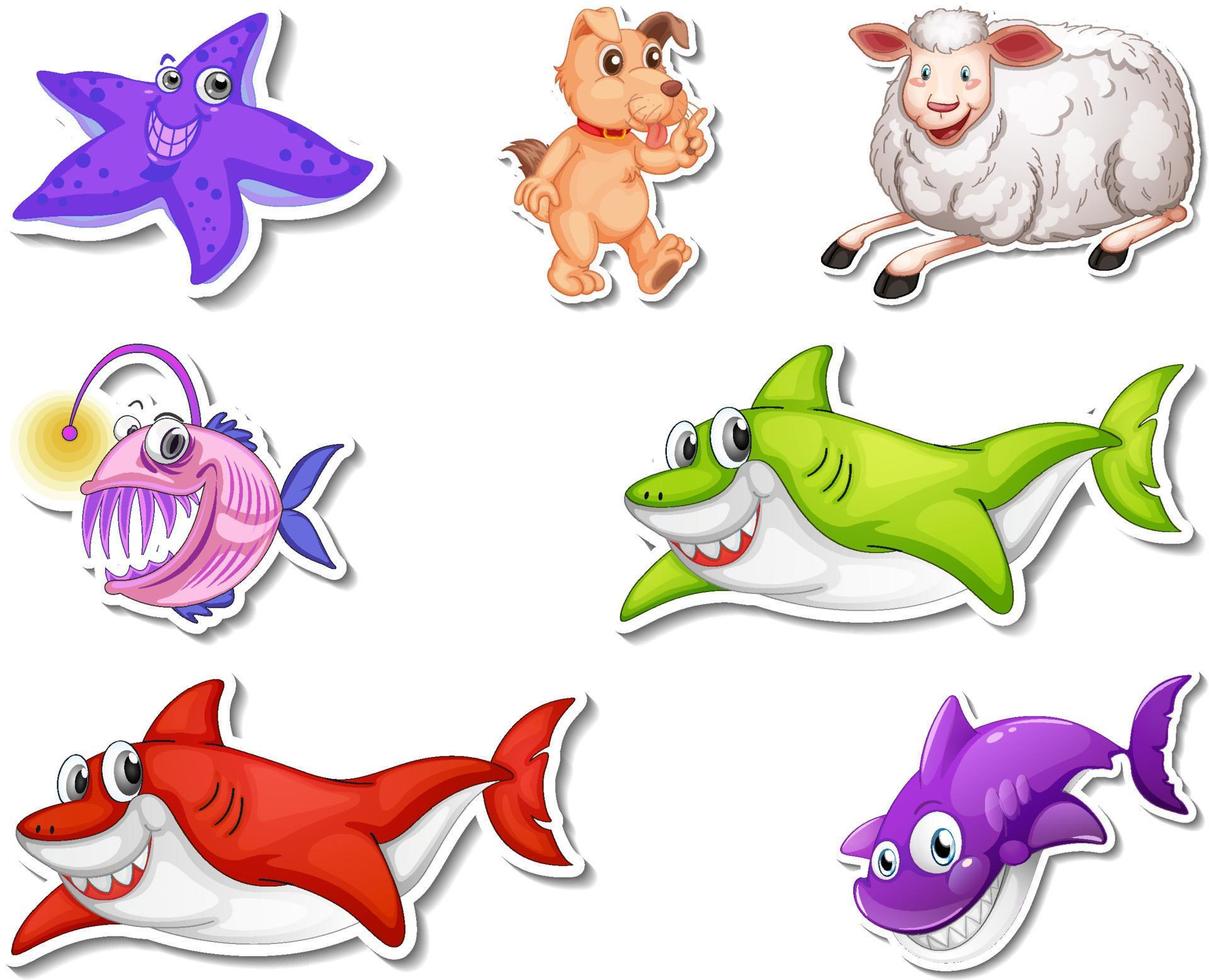 Set of stickers with sea animals and dogs cartoon character vector