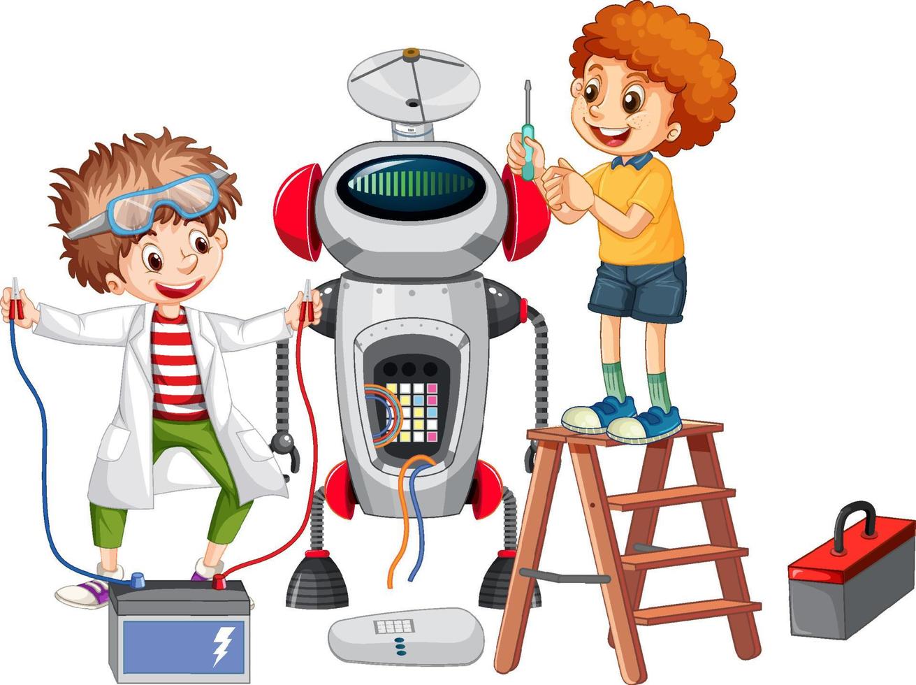 Children fixing a robot together vector