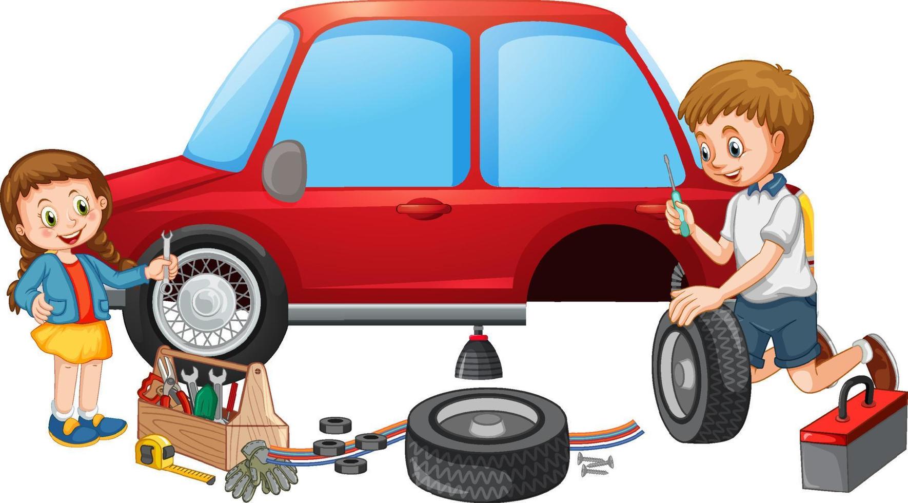 Dad and daughter fixing a car together on white background vector