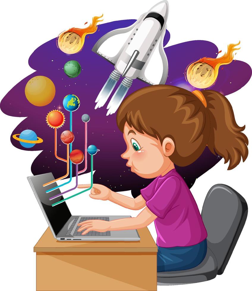 Young girl using laptop with space objects vector