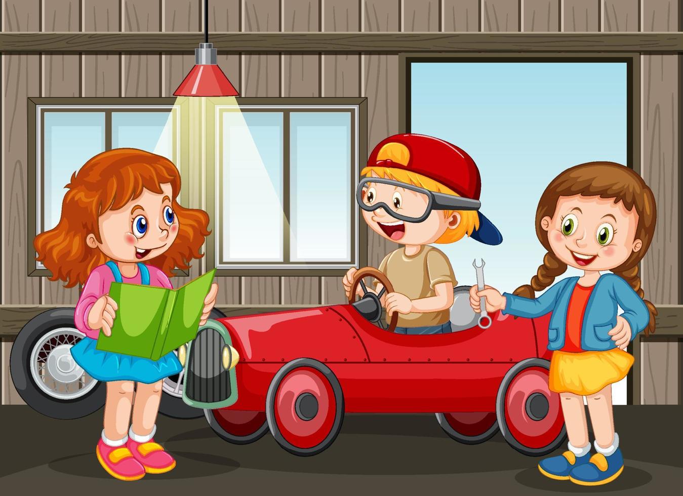 Garage scene with children fixing a car together vector