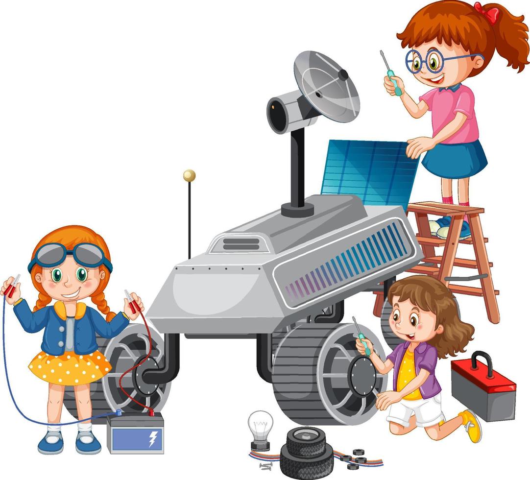 Children fixing satellite together on white background vector