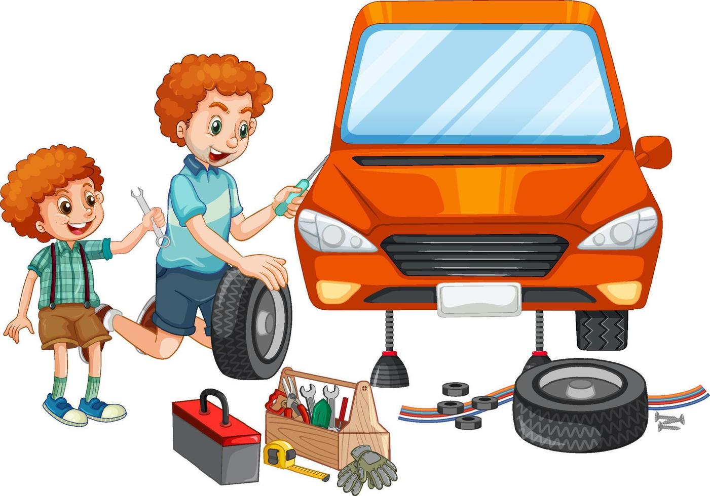 Dad and son fixing a car together on white background vector