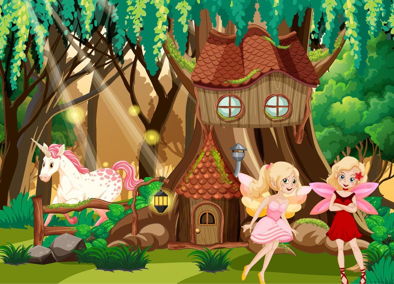 Fantasy forest with cute fairies vector