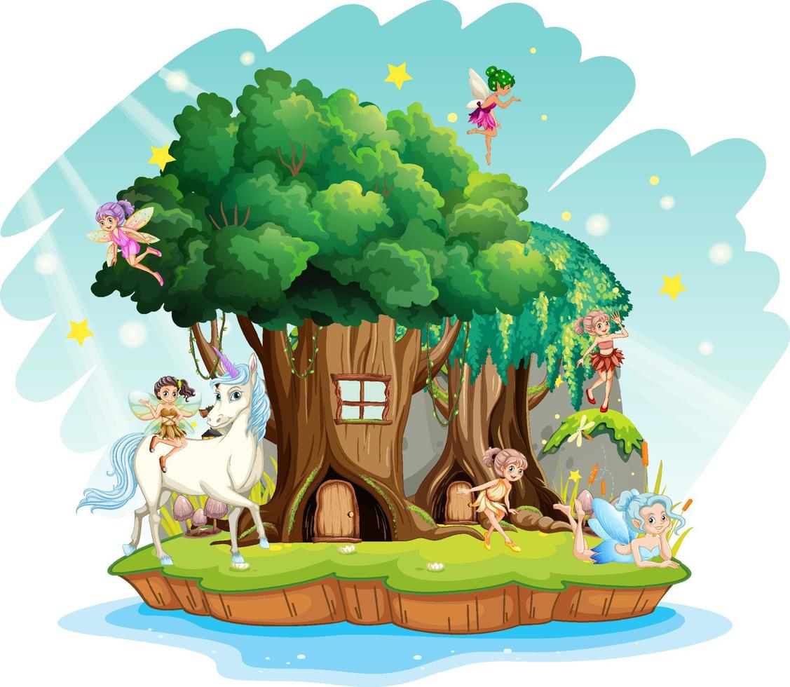 Fantasy tree house inside tree trunk with fairies vector