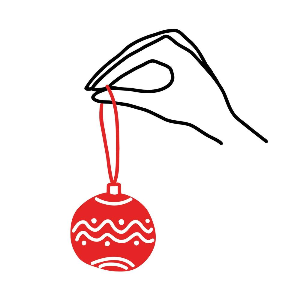 Hand holding Christmas bauble ornament. Simple doodle style vector illustration