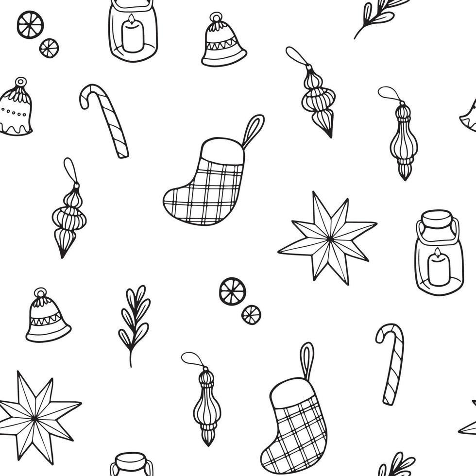 Navidad de patrones sin fisuras. patrón blanco y negro con atributos festivos para el diseño de superficies. Ilustración de vector de estilo doodle