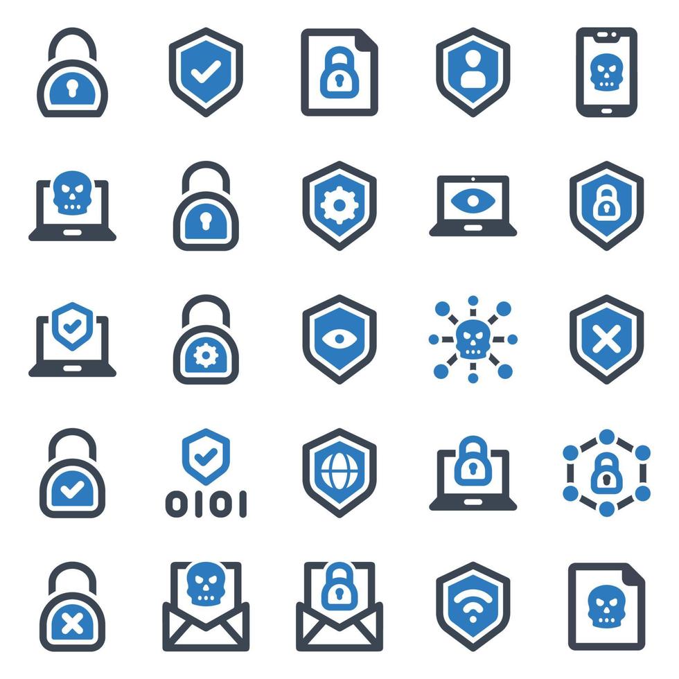 conjunto de iconos de seguridad cibernética - ilustración vectorial. ciber, crimen, seguridad, protección, hacker, internet, candado, contraseña, privacidad, piratería, íconos. vector