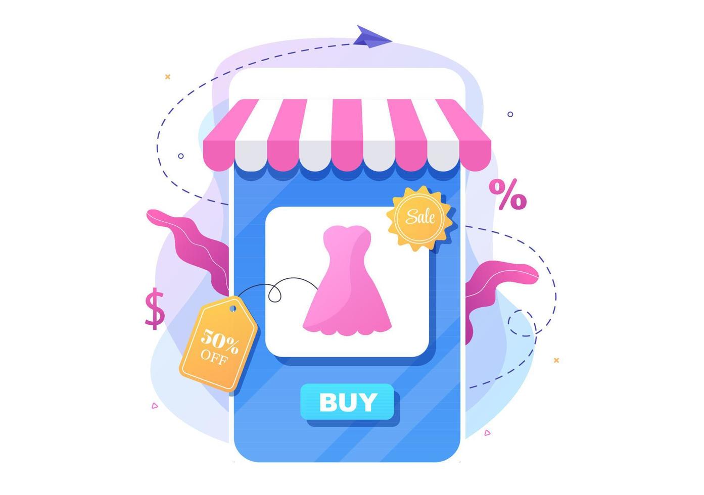 tienda móvil o compras en línea en la ilustración de vector de aplicación. Promoción de marketing digital, pago y compra mediante tarjeta de crédito para cartel.