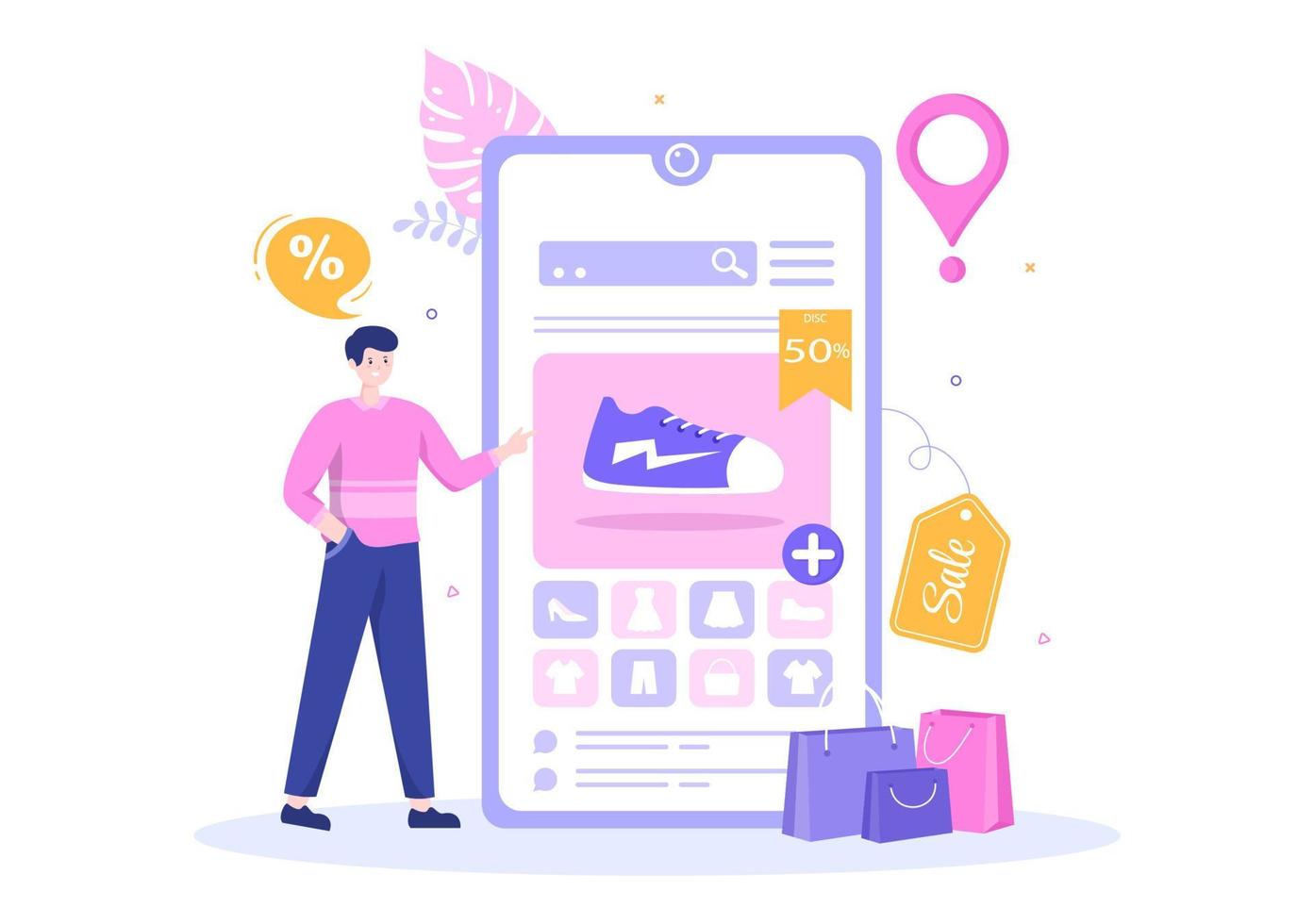 Mobile Store or Shopping Online in Application Vector Illustration. Digital Marketing Promotion, Payment and Purchase Via Credit Card for Poster