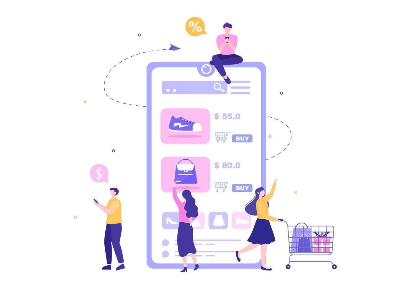 Mobile Store or Shopping Online in Application Vector Illustration. Digital Marketing Promotion, Payment and Purchase Via Credit Card for Poster