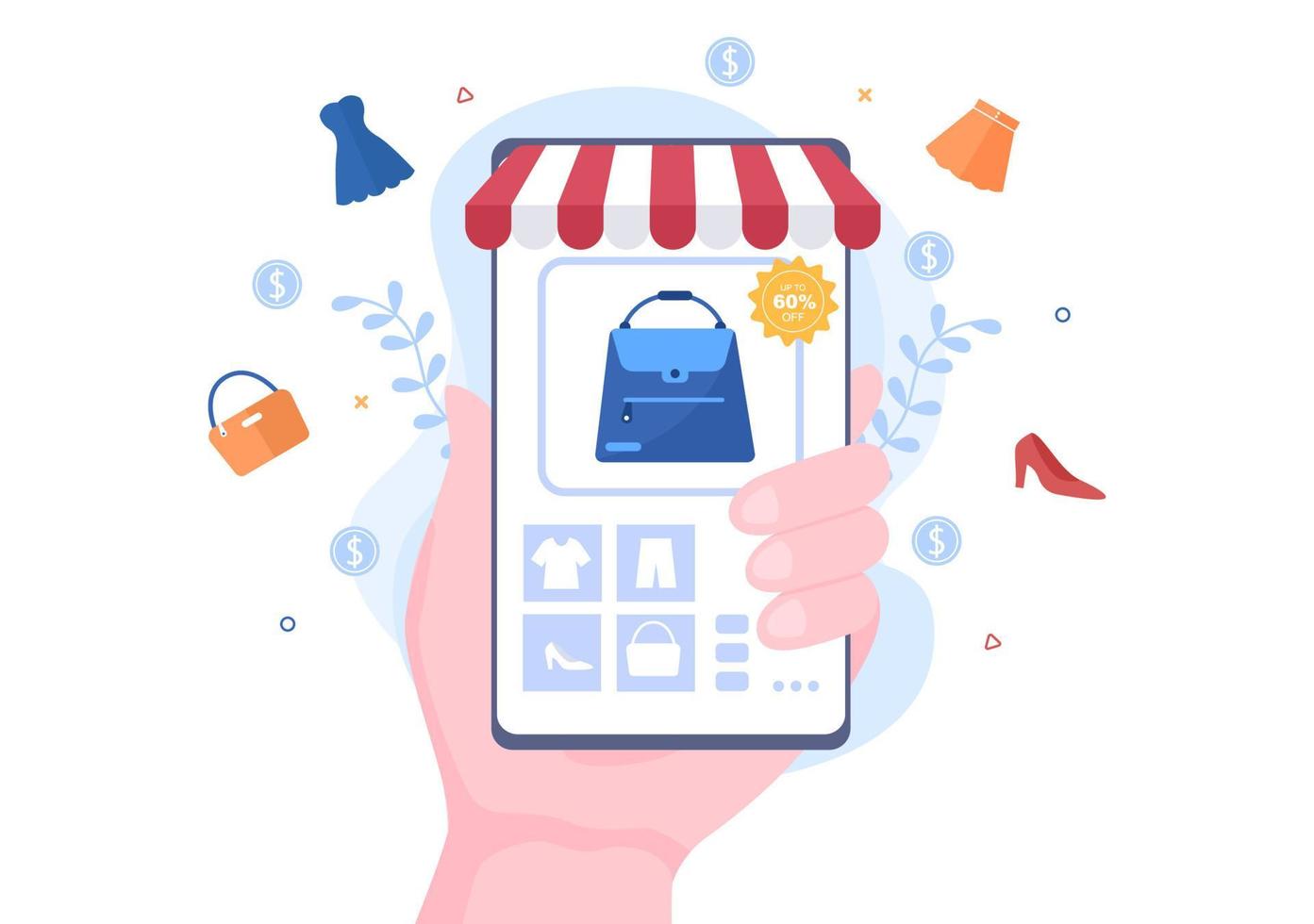 Mobile Store or Shopping Online in Application Vector Illustration. Digital Marketing Promotion, Payment and Purchase Via Credit Card for Poster