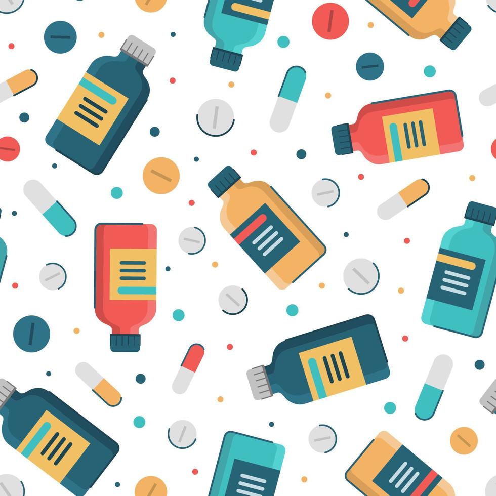 Medicines and pills for health vector seamless pattern with icons of bottles and tablets in a flat style.