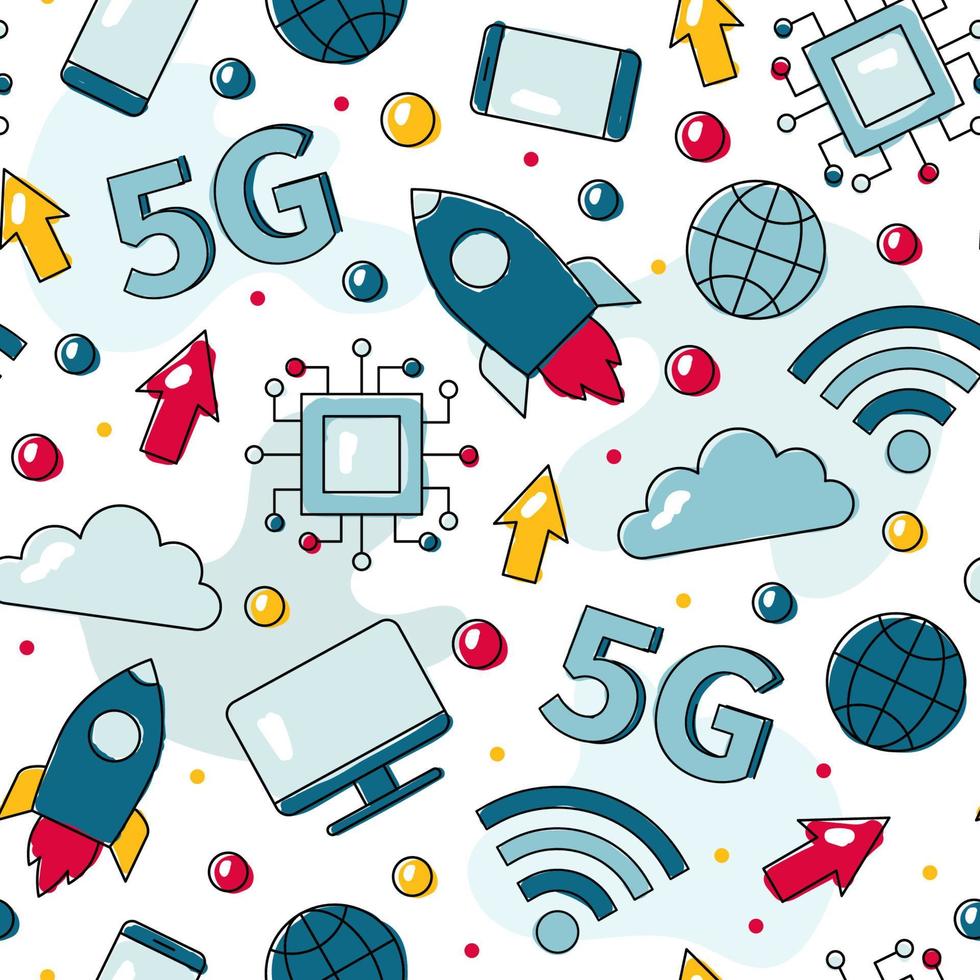 5G and high-speed Wi-Fi internet vector seamless pattern with icons of computer, phone