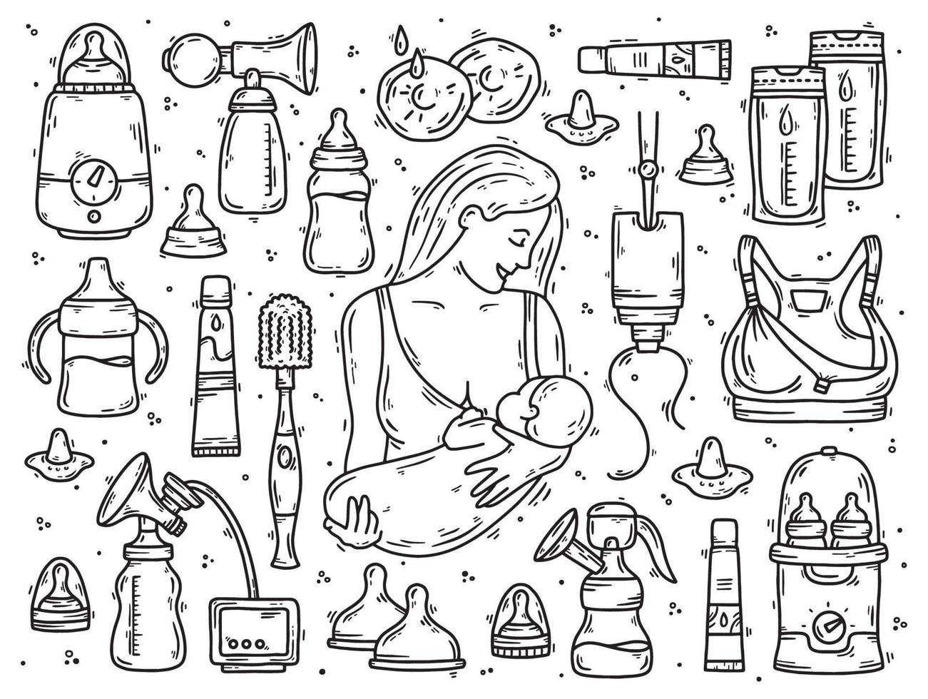 Breastfeeding and lactation of a woman with a baby, a set of vector doodle sketch icons. Devices for the nursing and nutrition with milk.