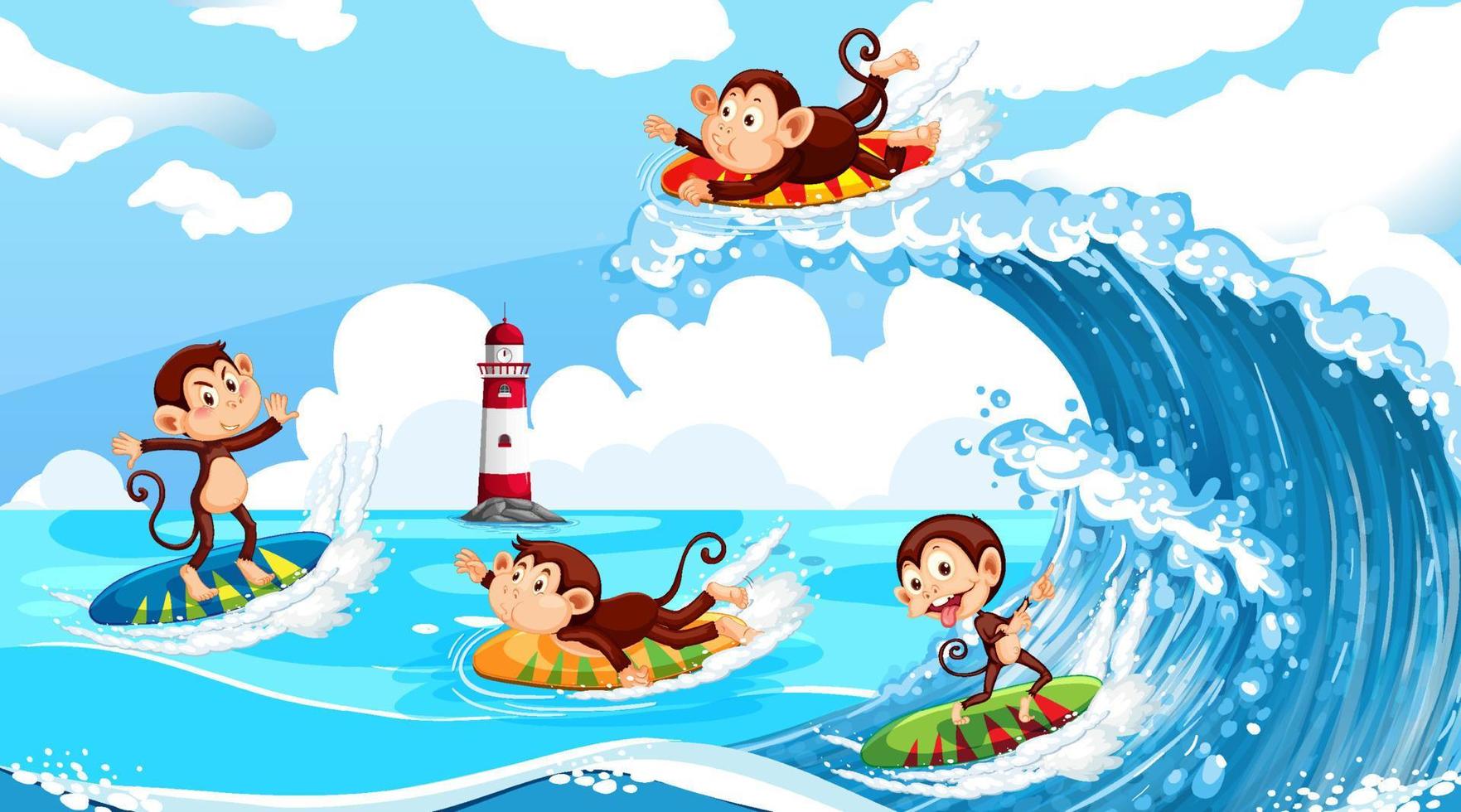 Beach scene with monkeys doing different activities vector