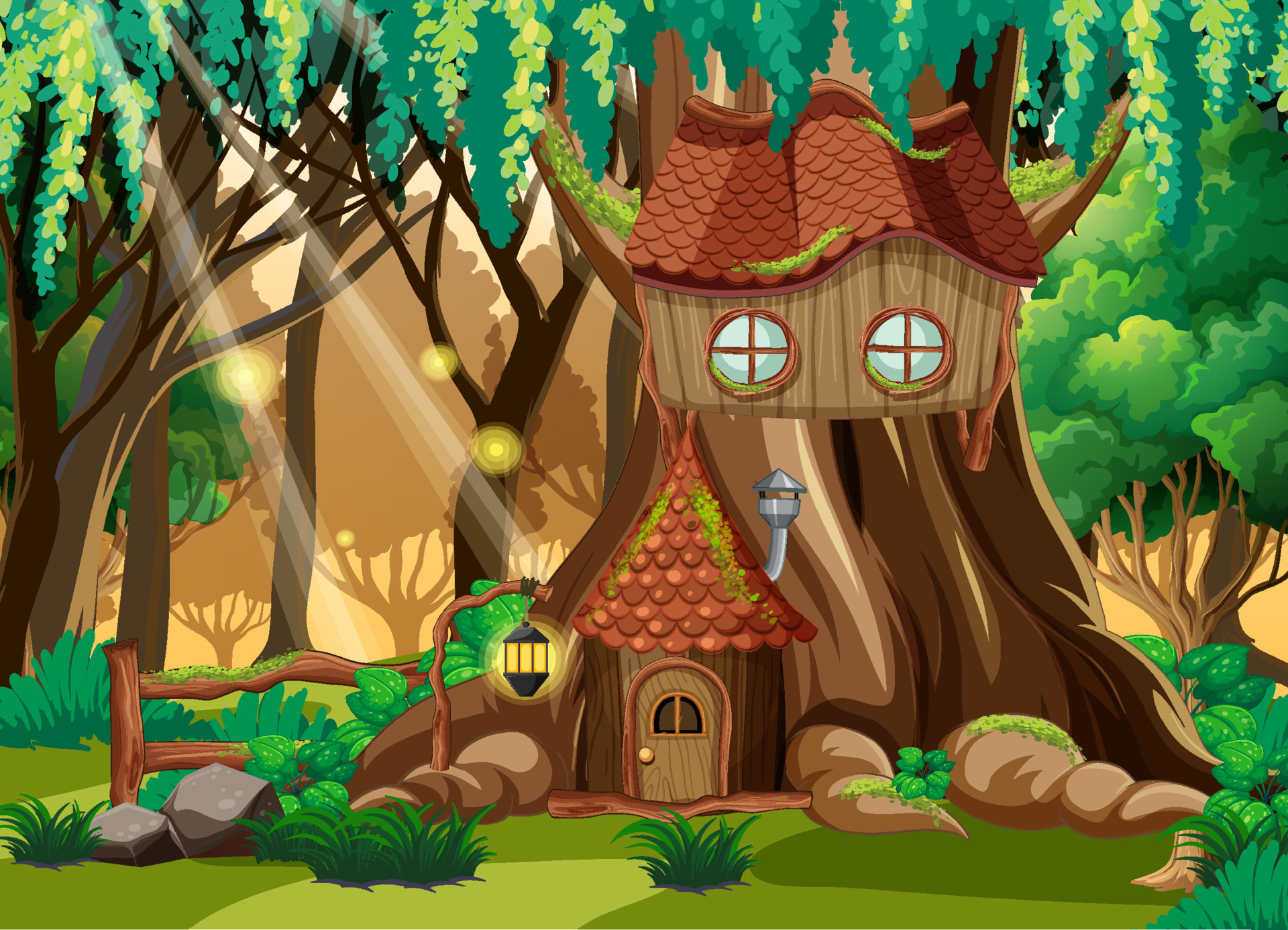 Fantasy forest background with tree house 4335868 Vector Art at Vecteezy