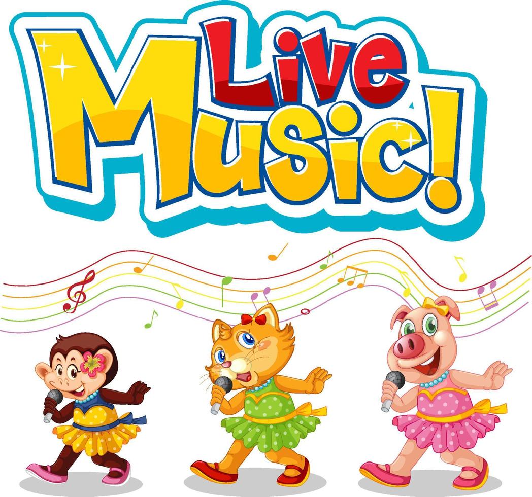 logotipo de música en vivo con lindos animales cantando vector