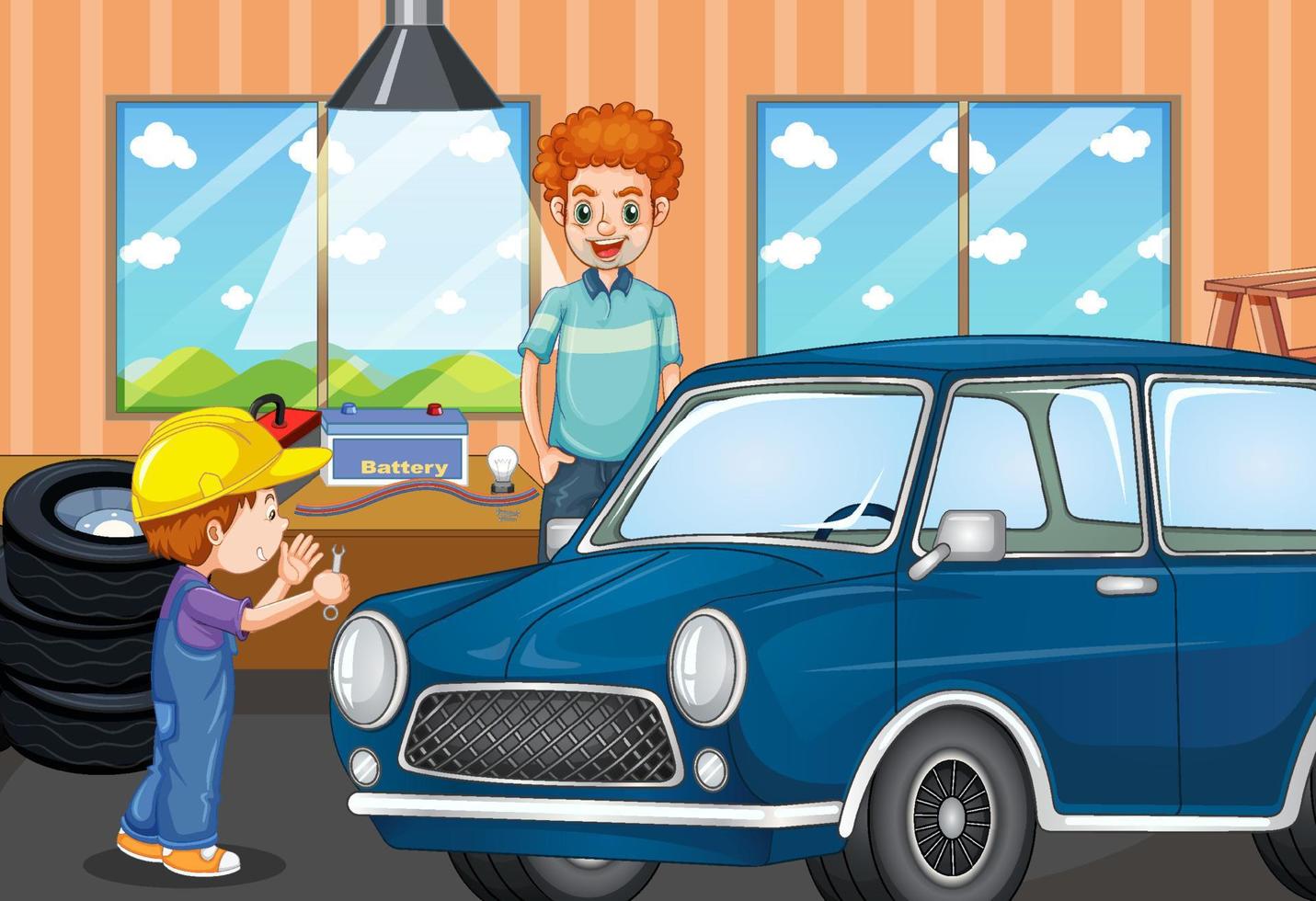 escena con un niño reparando auto con su papá. vector