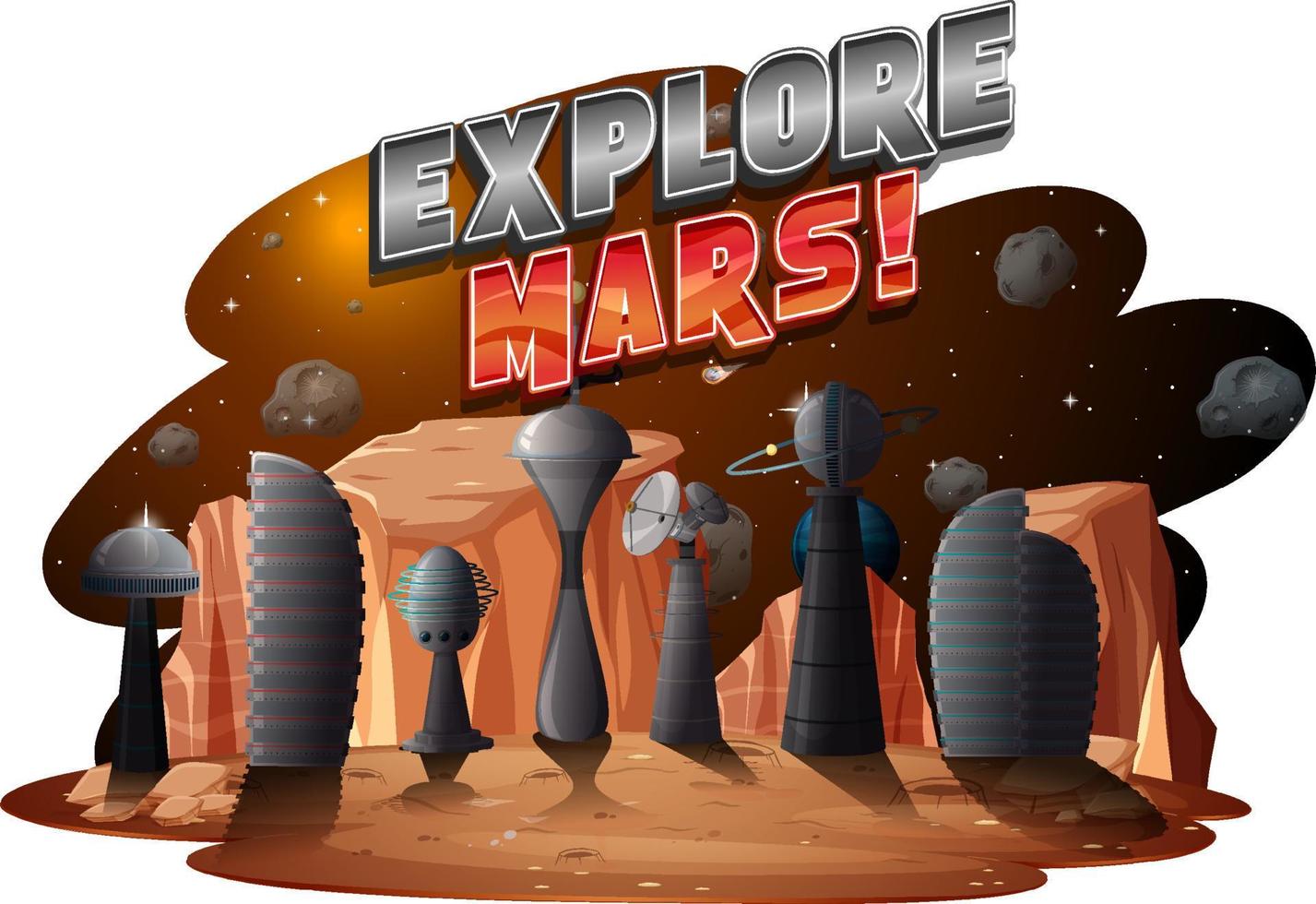 Explore Mars word logo with planet vector